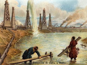 View of oil wells in Baku, Azerbaijan. Chromolithograph of about 1890 by Unknown artist