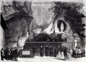 View of the cave of Lourdes in the High Pyrenees where the Virgin appeared to Bernadette Soubirous (1844-1879) in 1858, present place of pilgrimage. Engraving of the 19th century