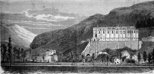 View of the church under construction near the miraculous cave of Lourdes in the High Pyrenees where the Virgin appeared to Bernadette Soubirous in 1858 (engraving of the 19th century) by Unknown artist