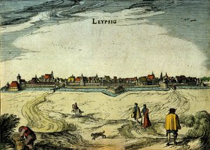 View of the city of Leipzig in Germany. 18th century engraving