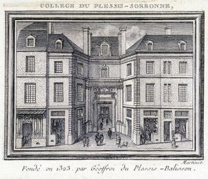View of the exterior facade of the college of Plessis Sorbonne (Paris), founded in 1323 by Geoffroy of Plessis Balisson used from 1848 to 1849 by the ENA. Engraving preserved at the Musee Carnavalet, Paris. by Unknown artist