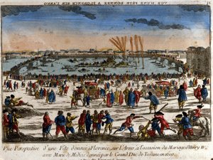 View of the feast given in Florence on the banks of the Arno River by the Grand Duke of Tuscany on the occasion of the wedding of Henry IV with Mary of Medici in 1600. Engraving. by Unknown artist