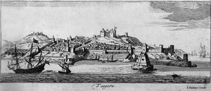 View of the fortified city of Tangier and the coast, Morocco. 18th century engraving