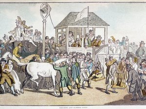 Weighing and washing before a horse race
