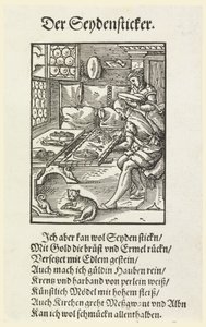 Woodcut (facsimile): An embroiderer at work by Unknown artist