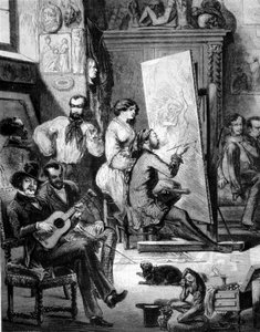 Workshop of a painter in the 19th century. Some play music, others smoke while the painter draws. Engraving of the 19th century