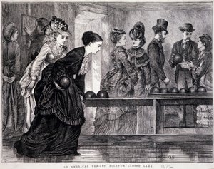 Young women playing bowling, in the United States, circa 1870 - engraving by Unknown artist