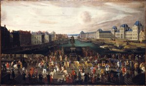 The Pont-Neuf, seen from the entrance of Place Dauphine, the Quai Malaquais with the Collège des Quatre-Nations under construction, the Grande Galerie and the Louvre, circa 1665. Passage of a Procession on the Bridge, between 1665 and 1669