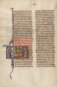Initial C: Two Men Speaking to Two Youths and A Man Lying on the Ground While Another Man Departs Carrying a Pitchfork by Unknown artist/maker