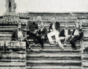 Group Portrait of Members of the Mekong Exploration Expedition 1866-1868 (Garnier, Doudart de Lagrée) on the Steps of Angkor Vat