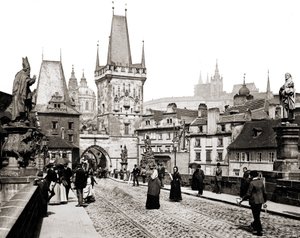 Prague, Charles Bridge, and the old town tower (circa 1890)