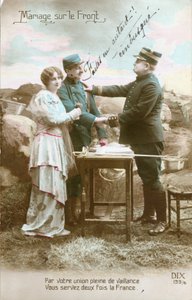 WWI Postcard, Marriage on the Front of a Soldier (Poilu) and a Young Woman, Military Auxiliary, by an Officer Qualified as Ambushed