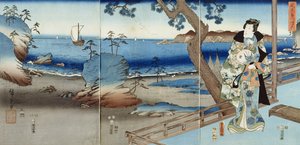 Prince Genji watching at the Suma Beach by Utagawa  Hiroshige and Kunisada