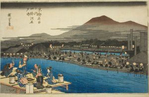 Enjoying the Evening Cool on the Riverbed at Shijo, from the Series "Famous Places in Kyoto" by Utagawa Hiroshige