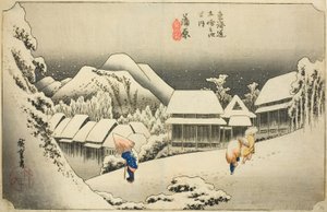 Kanbara: Evening Snow, from the series "Fifty-three Stations of the Tokaido," also known as the Hoeido Tokaido by Utagawa Hiroshige