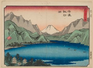Lake Suwa in Shinano Province, from the series “Thirty-six Views of Mount Fuji” by Utagawa Hiroshige