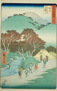 Minakuchi: The Famous Pines at the Foot of Mount Hiramatsu, no. 51 from the series "Famous Sights of the Fifty-three Stations," also known as the Vertical Tokaido by Utagawa Hiroshige