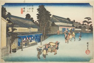Narumi: Famous Tie-dyed Fabrics of Arimatsu, from the series "Fifty-three Stations of the Tokaido," also known as the Hoeido Tokaido by Utagawa Hiroshige