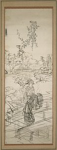 Sketch of Woman Crossing Bridge by Utagawa Hiroshige