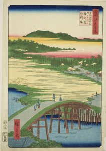 Sugatami Bridge, Omokage Bridge and the Gravel Pit at Takata, from the series One Hundred Famous Views of Edo by Utagawa Hiroshige