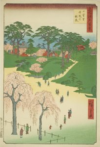 Temple Gardens in Nippori (Nippori jiin no rinsen), from the series "One Hundred Famous Views of Edo (Meisho Edo hyakkei)"
