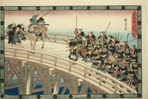 The Night Attack, Part 5: The Retreat across Ryogoku Bridge, from the series "The Revenge of the Loyal Retainers" by Utagawa Hiroshige