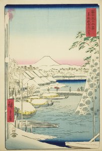 The Riverbank at Sukiya in the Eastern Capital (Toto Sukiyagashi), from the series "Thirty-six Views of Mount Fuji (Fuji sanjurokkei)" by Utagawa Hiroshige