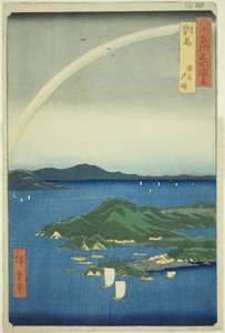 Tsushima Province: Clear Evening on the Coast (Tsushima, Kaigan yubare), from the series "Famous Places in the Sixty-odd Provinces (Rokujuyoshu meisho zue)" by Utagawa Hiroshige