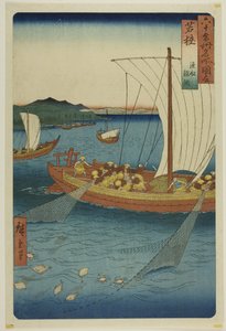 Wakasa Province: Fishing Boat Netting Flatfish, from the series "Famous Places in the Sixty-odd Provinces" by Utagawa Hiroshige