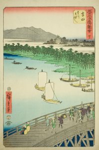 Yoshida: Great Bridge on the Toyo River, no. 35 from the series "Famous Sights of the Fifty-three Stations," also known as the Vertical Tokaido by Utagawa Hiroshige
