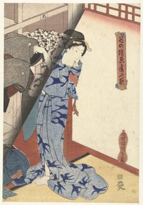 Woman Storing a Kimono (Secret Nightly Meetings by Moonlight) by Utagawa Kunisada (I)