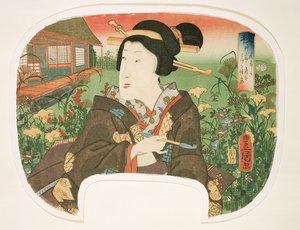 Autumn, Hanayashiki: A geisha with a pipe, design for a fan from a set of four illustrating the seasons