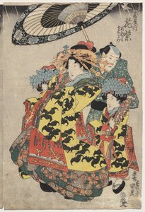 The Courtesans Hanamurasaki and Koshikibu of the Tamaya Promenading in the Rain by Utagawa Kunisada