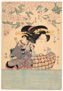 Pentaptych: Five Girls with Theater Puppets by Utagawa Kuniyasu
