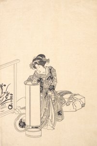 Young Woman Leaning over a Tall Lamp by Utagawa Kuniyasu