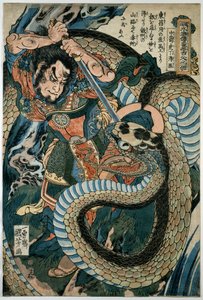 Chūsenko Teitokuson attacked by a snake on a mountain path by Utagawa Kuniyoshi