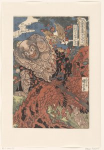 Kwaosho Rochishin, Chopping a Tree Trunk in Half (series title: One Hundred and Eight Heroes of the Suikoden, One by One) by Utagawa Kuniyoshi