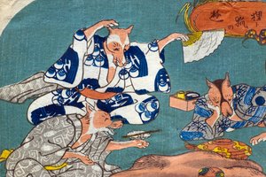 Racoon Dog and Fox at Play (Tanuki to kitsune no asobi), c.1842