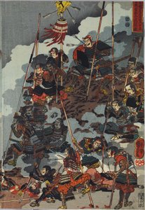 Sheet from a Colour Woodblock Print Triptych, Entitled Eiroku Yonnen Kugatsu Yokka Kawanakajima Kassen ni Yamamoto Kansuke Nyudo no Uchijini no Zu by Utagawa Kuniyoshi