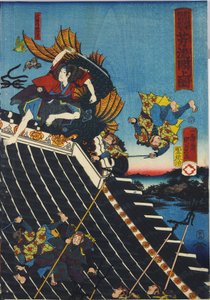 Sheet from a colour woodblock print triptych, entitled Horyukaku sho no zu depicting a scene from the Hakkenden of Takiwzawa Bakin showing a fight on the temple roof between Inuzuka Shino