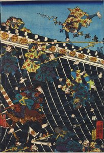 Sheet from a colour woodblock print triptych, entitled Hōryukaku shō no zu depicting a scene from the Hakkenden of Takizawa Bakin showing a fight on the temple roof between Inuzuka Shino (right), and the police under Inukai Kempachi, adapted from a triptyc by Utagawa Kuniyoshi