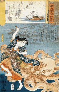 Tamatori (female ama diver), Being attacked by octopus while grabbing sacred jewel by Utagawa Kuniyoshi