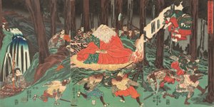 Ushiwakamaru Learns the Art of Fencing from the Tengu Watched Over by Their Master Sojobo by Utagawa Kuniyoshi