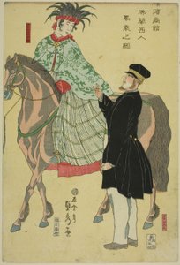Merchants of Yokohama: French Woman on Horseback by Utagawa Sadahide
