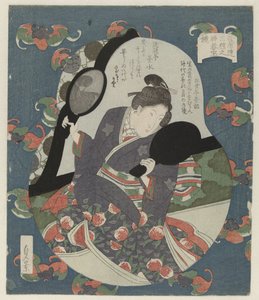 Beauty Looking at Her Hairstyle (title on object: Kagami) (series title: Three Sacred Treasures for the Sugawararen Poets Association) by Utagawa Sadakage
