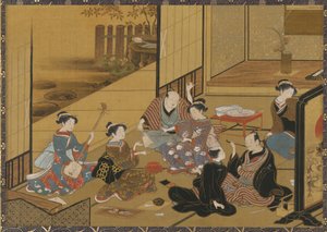 Interior scene of a party with geisha and clients
