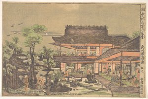Tea-house; Scene entitled: "Viewing the Moon in Mid-Autumn" by Utagawa Toyoharu