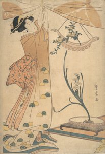 A Woman Tying up a Curtain, a Flower Arrangement of Chrysanthemums in a Boat-shaped Ha...