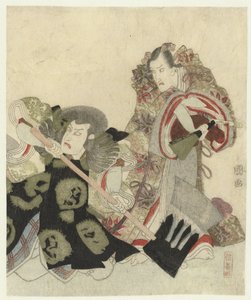 Ichikawa Danjūrō VII as Yoshimune no Munesada with Fan and Ichikawa Omezō as Sekibei with Axe by Utagawa Toyokuni (I)