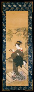 A full length portrait of a woman tuning her shamisen on a veranda by Utagawa Toyokuni